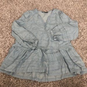 American Eagle Chambray Peplum Top AE Size XS Blue Tier Split Neck Long Sleeve